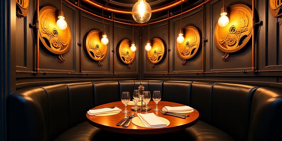Interieur des Uhrwerk Bistros mit mechanischen Elementen und eleganter Bestuhlung