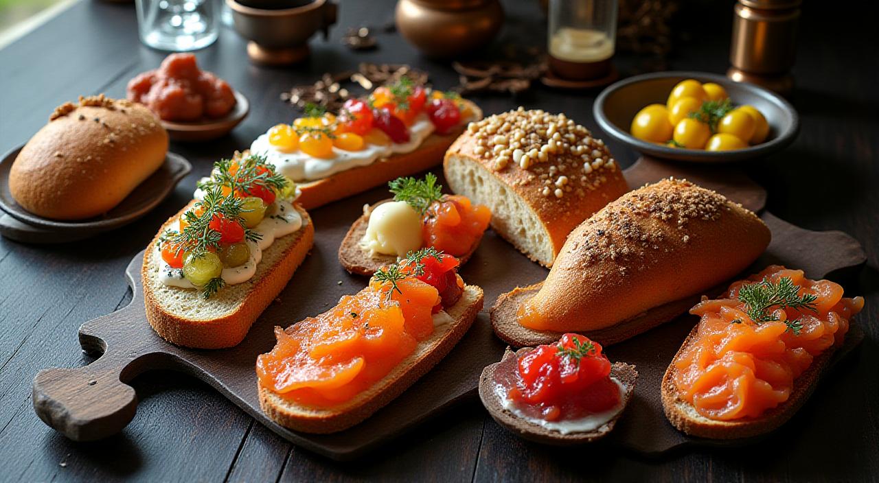 Ein festlich gedeckter Brunchtisch mit handwerklich hergestellten Speisen im Steampunk-Ambiente