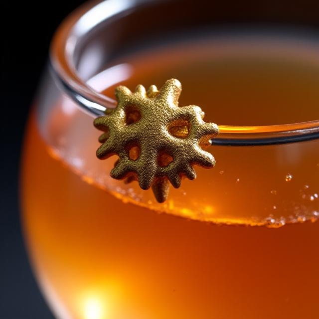 Der Signature Cocktail 'Das Zahnrad' in einem verzierten Glas mit goldener Zahnrad-Garnitur